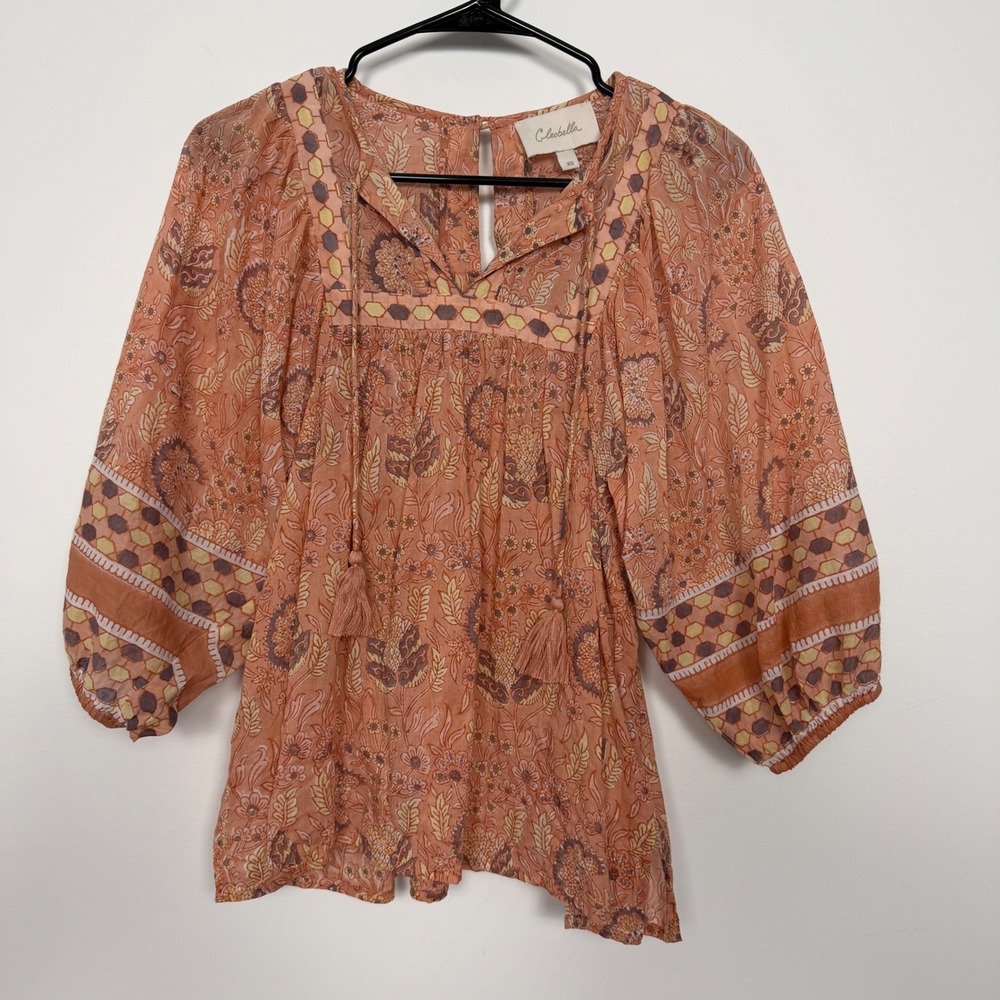 Cleobella Peach Floral Boho Peasant Blouse Tassel Tie Cottagecore Top XS